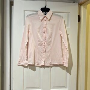 Pink Nd white striped button down with ruffle placket